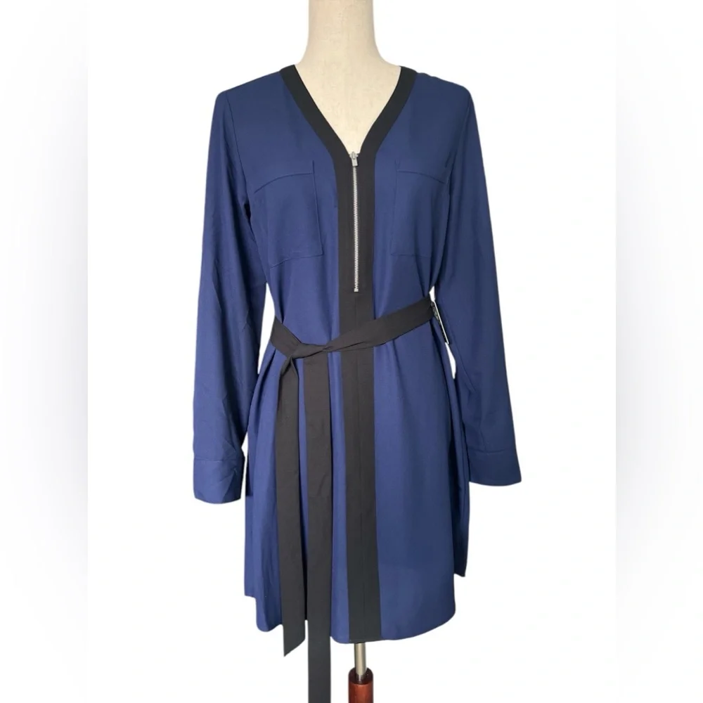 Blue EXPRESS Roll Up Sleeve Dress With Black Trim & Ribbon Belt ~ Size S #003 - Picture 1 of 4